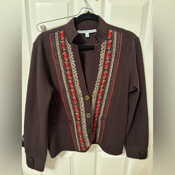 David Brooks 100% Wool Embroidered Cardigan Sweater Jacket Brown Floral Size L - Picture 5 of 12